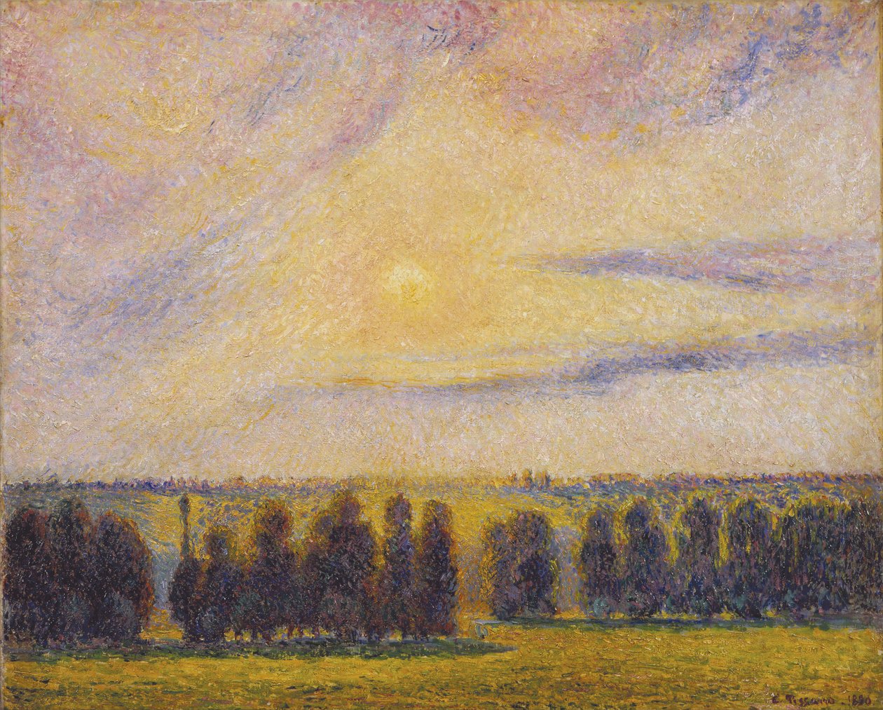 Solnedgang ved Èragny, 1890 av Camille Jacob Pissarro