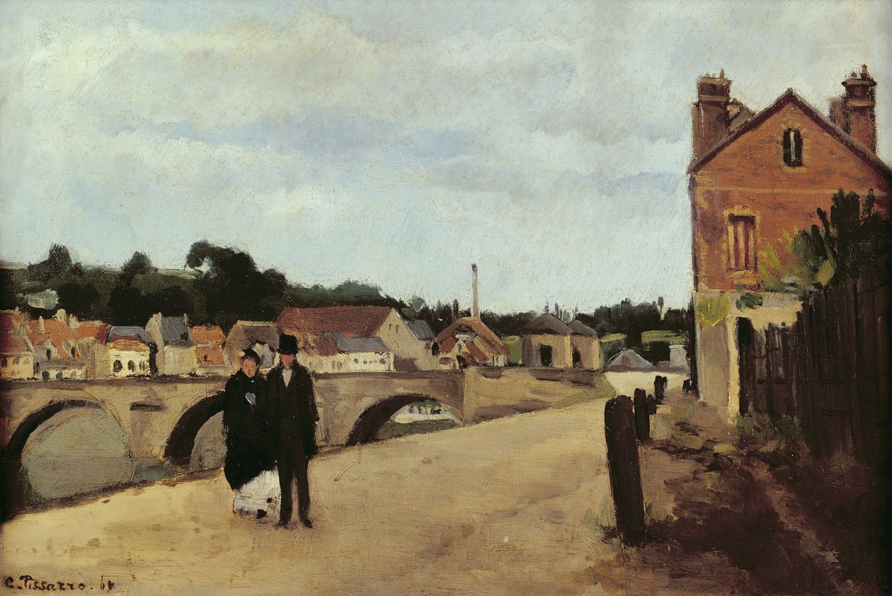 Chemin de lEcluse og Pontoise-broen, 1867 (olje på lerret montert på panel) av Camille Jacob Pissarro