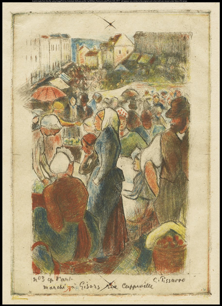 Gisors-markedet, Rue Cappeville, ca. 1894 av Camille Jacob Pissarro