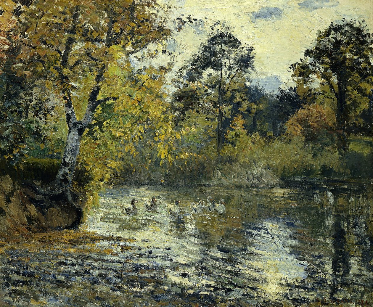 Dammen ved Montfoucault; L"Etang de Montfoucault, 1874 av Camille Jacob Pissarro