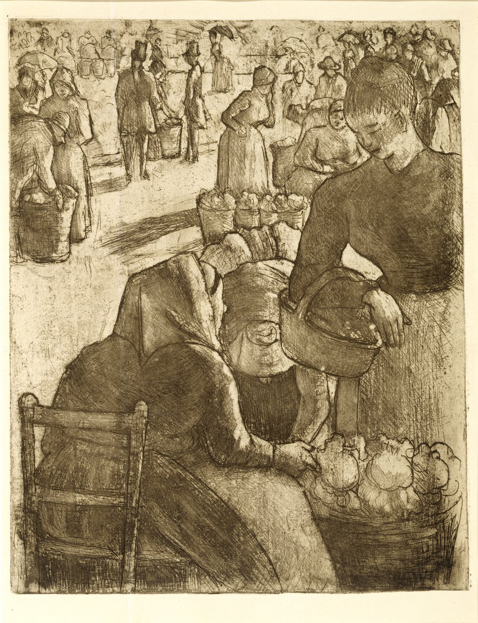Grønnsaksmarkedet i Pontoise, 1891 (mykmalt etsing og akvatint) av Camille Jacob Pissarro