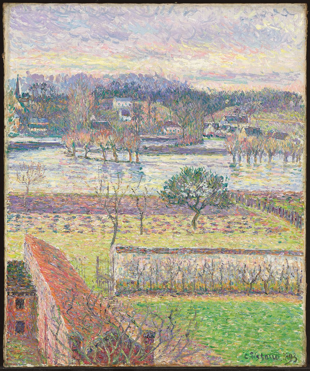 Utsikt fra mitt vindu, Flom, Kveld, Eragny; Utsikt fra vinduet mitt, flom, kveldseffekt, Eragny, 1893 av Camille Jacob Pissarro