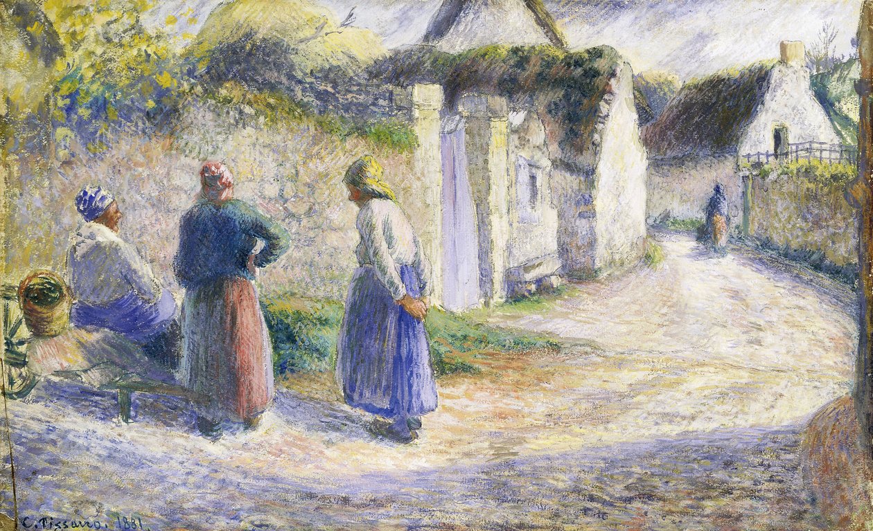 Landsbygate med tre personer til høyre av Camille Jacob Pissarro