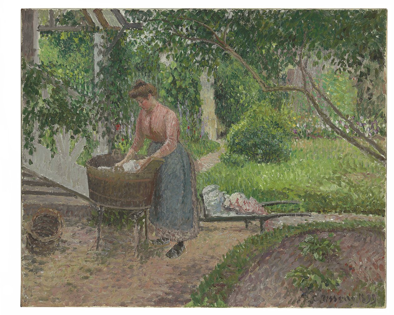 Vaskekvinne i hagen til Eragny, 1899 av Camille Jacob Pissarro
