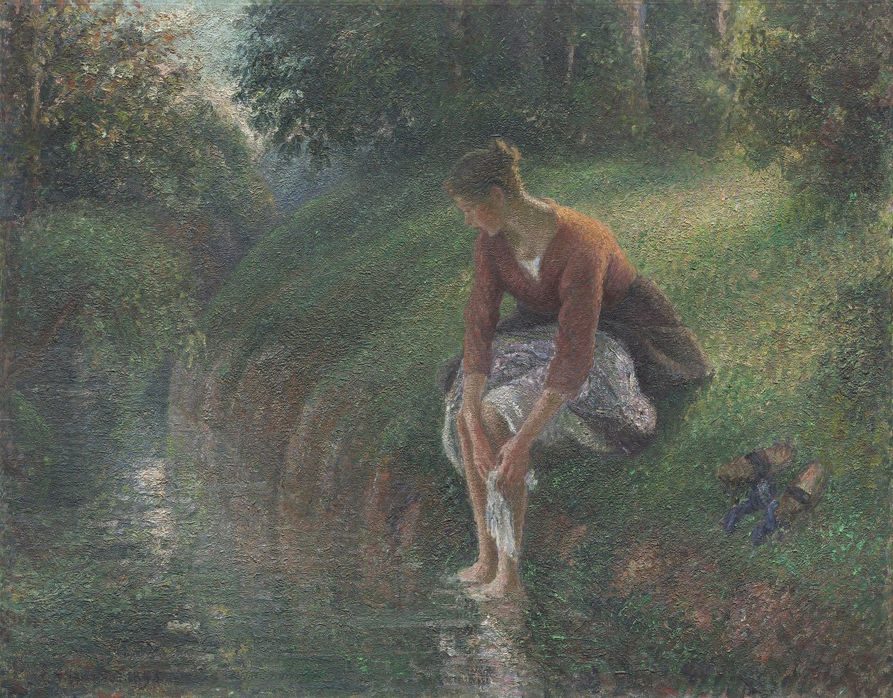 Kvinne som bader føttene i en bekk, 1894-95 av Camille Jacob Pissarro