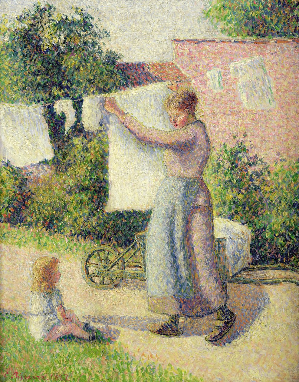 Kvinne henger opp vasken, 1887 av Camille Jacob Pissarro