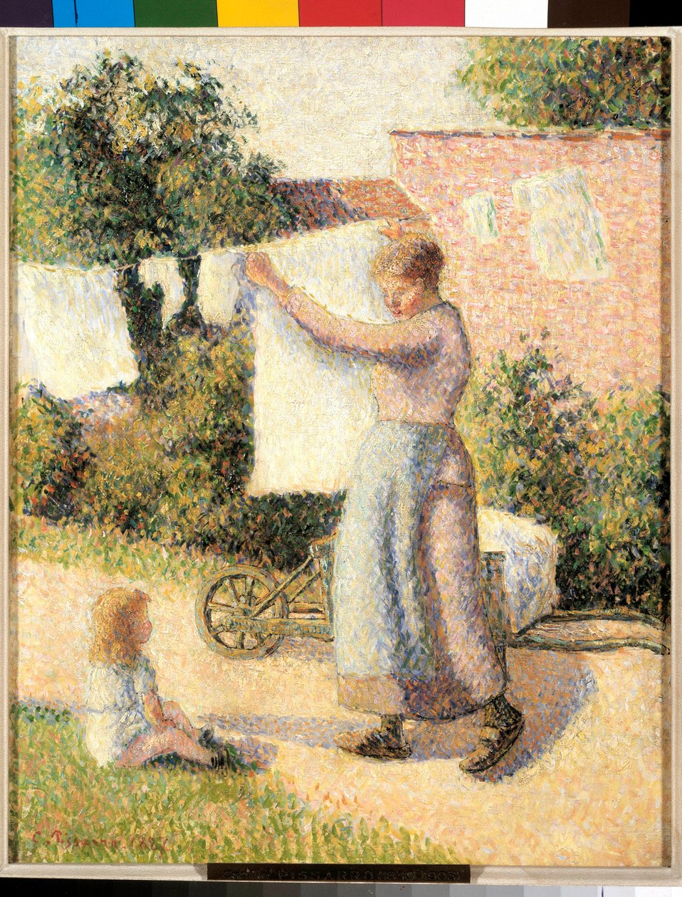 Kvinne som strekker lin Maleri av Camille Pissarro (1830-1903) 1887. Dim. 0,41 x 0,32 m Paris, musee d