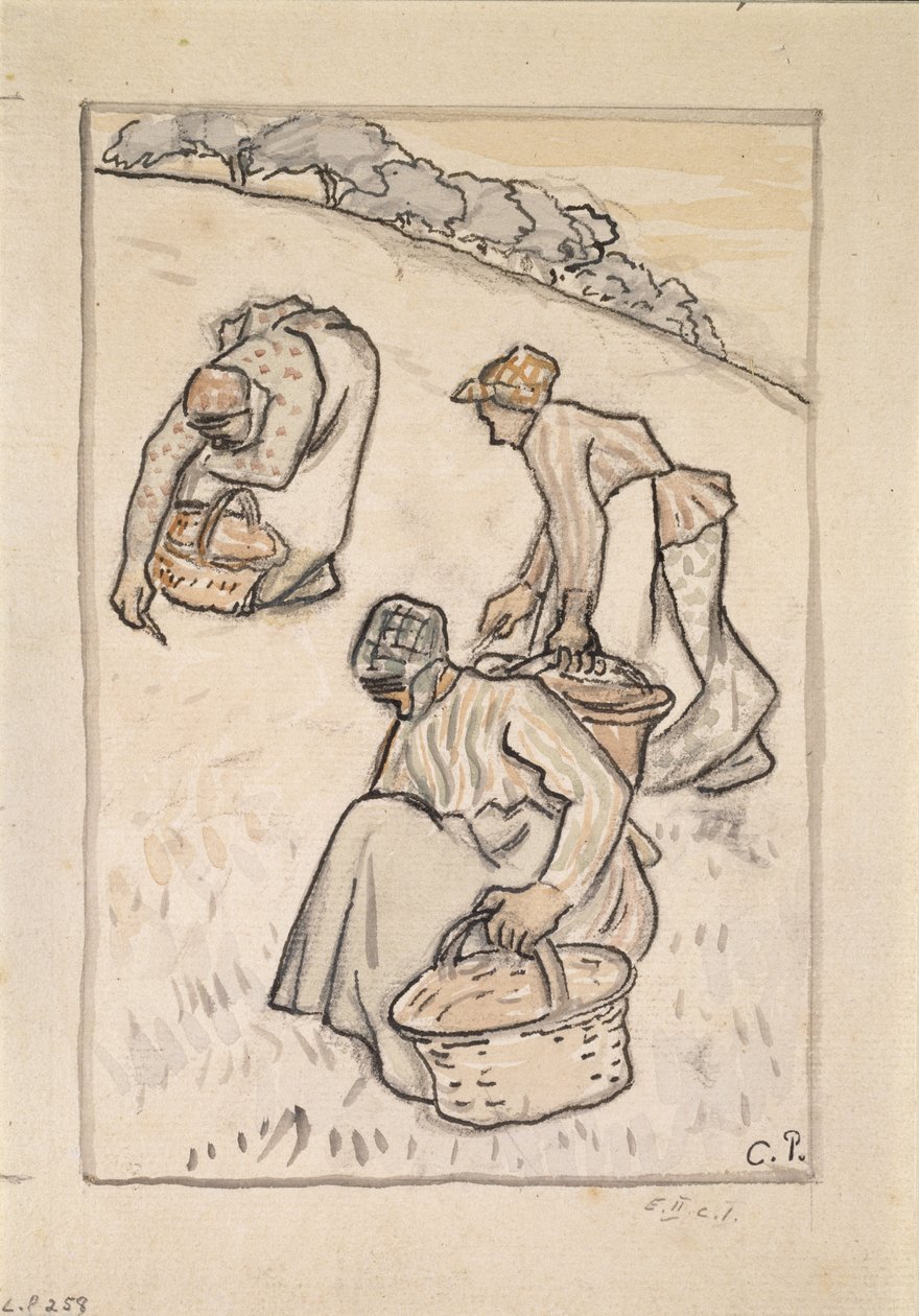 Kvinner som luker gresset (penn og indisk blekk med wc over kull på papir) av Camille Jacob Pissarro