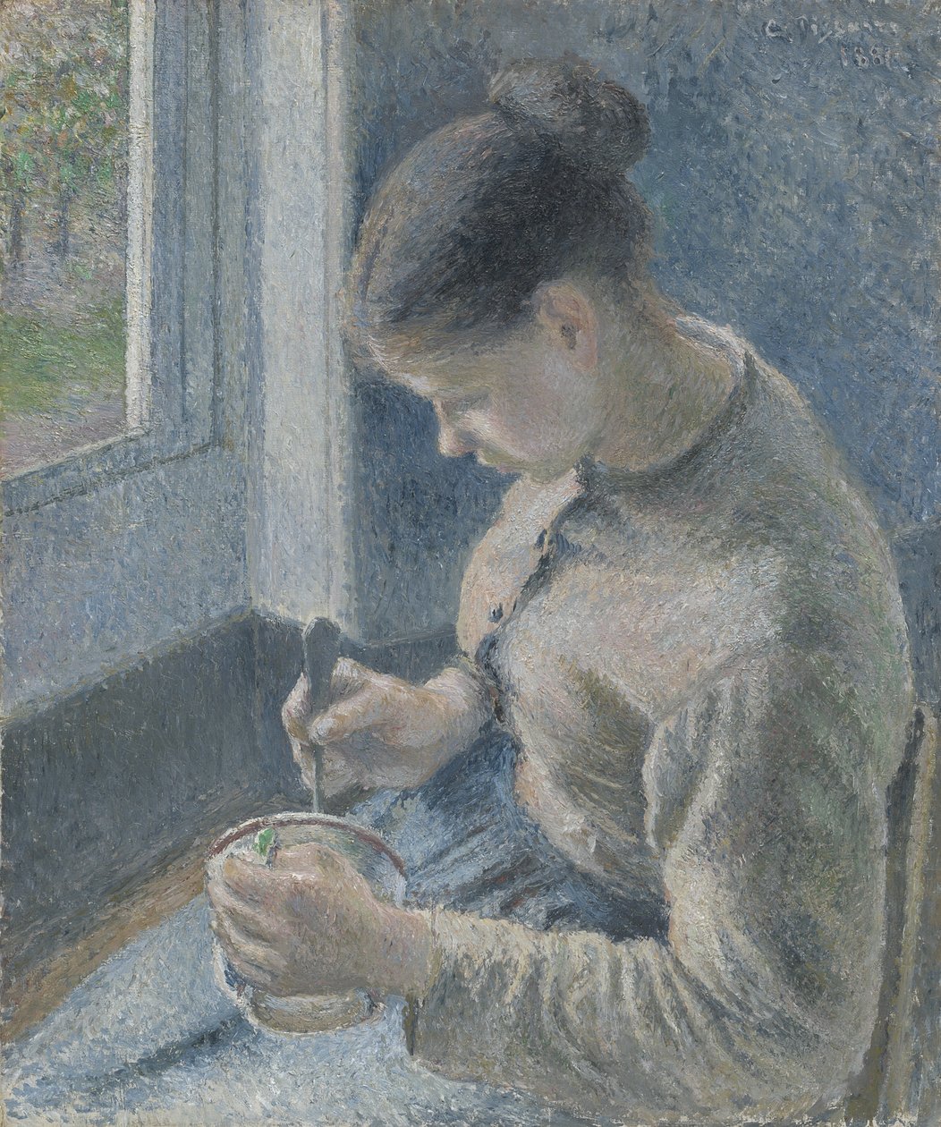 Ung bonde som har kaffen sin, 1881 av Camille Jacob Pissarro