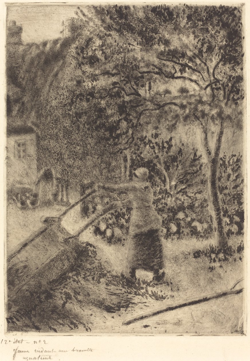 En kvinne som tømmer en trillebår Kvinne som tømmer en trillebår, 1880. av Camille Pissarro