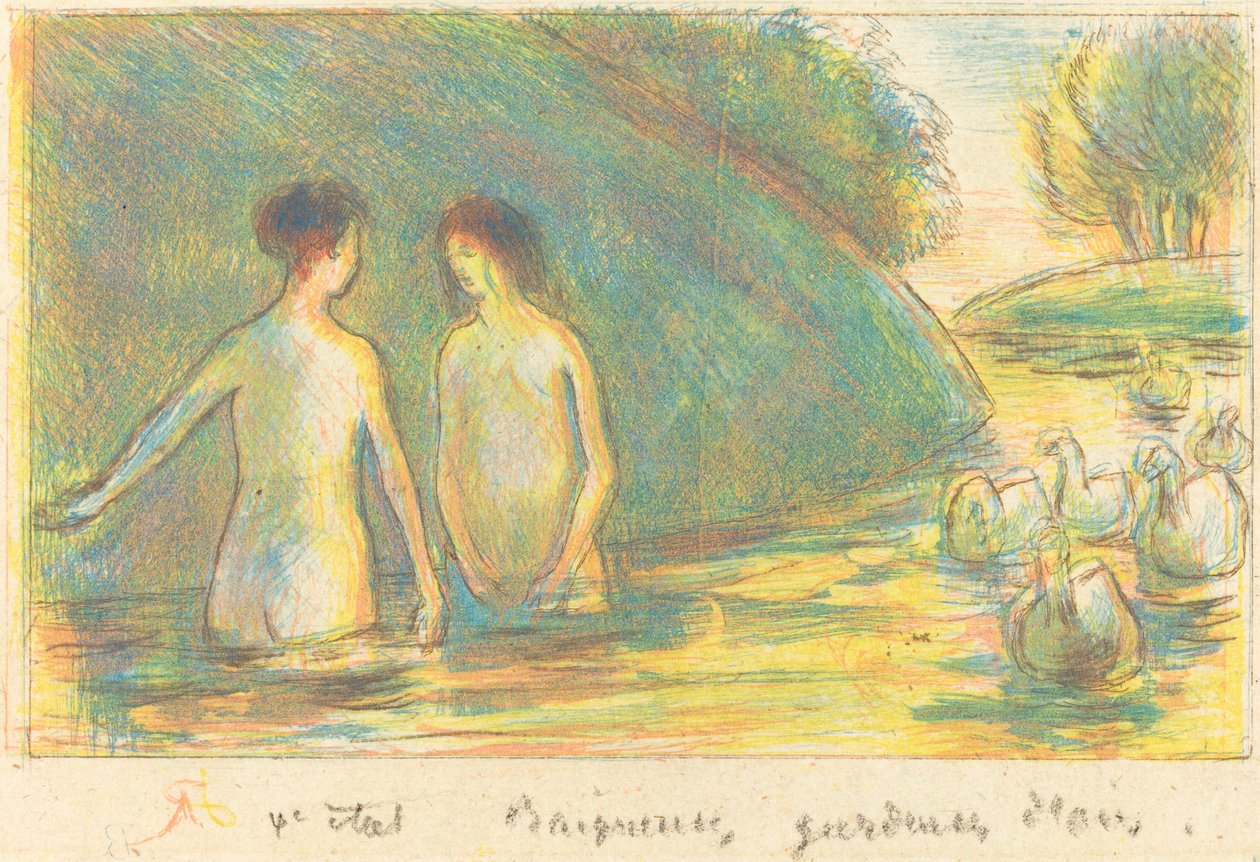 Badende, gåsepassere (badende som pleier gjess) av Camille Pissarro