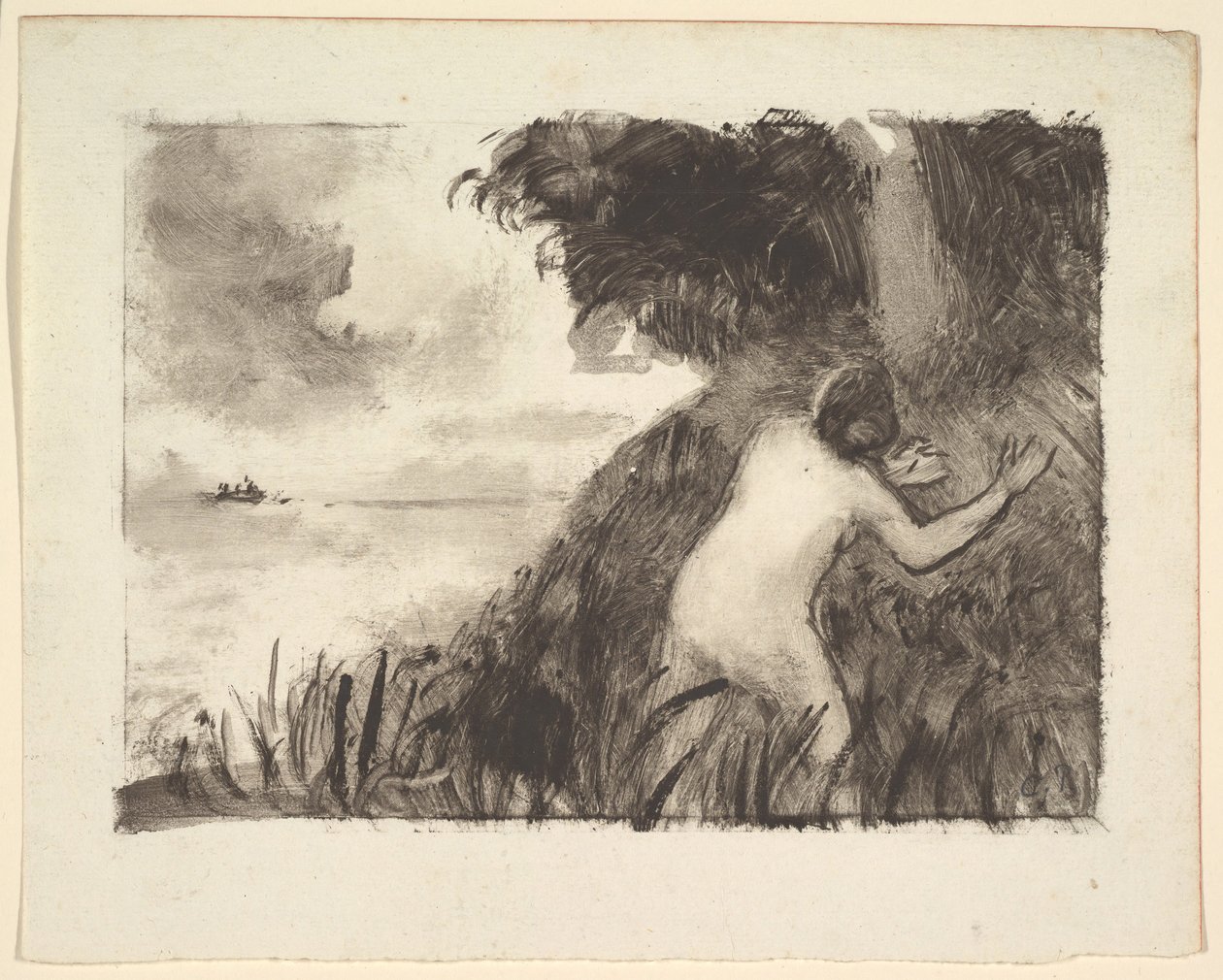 Badende som står blant gress ved kysten, ca. 1894. av Camille Jacob Pissarro