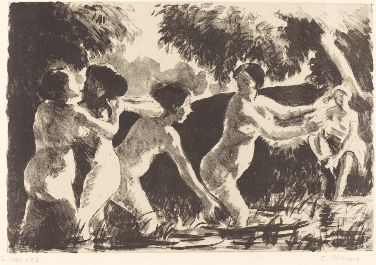 Baigneuses luttants, ca. 1896. av Camille Pissarro