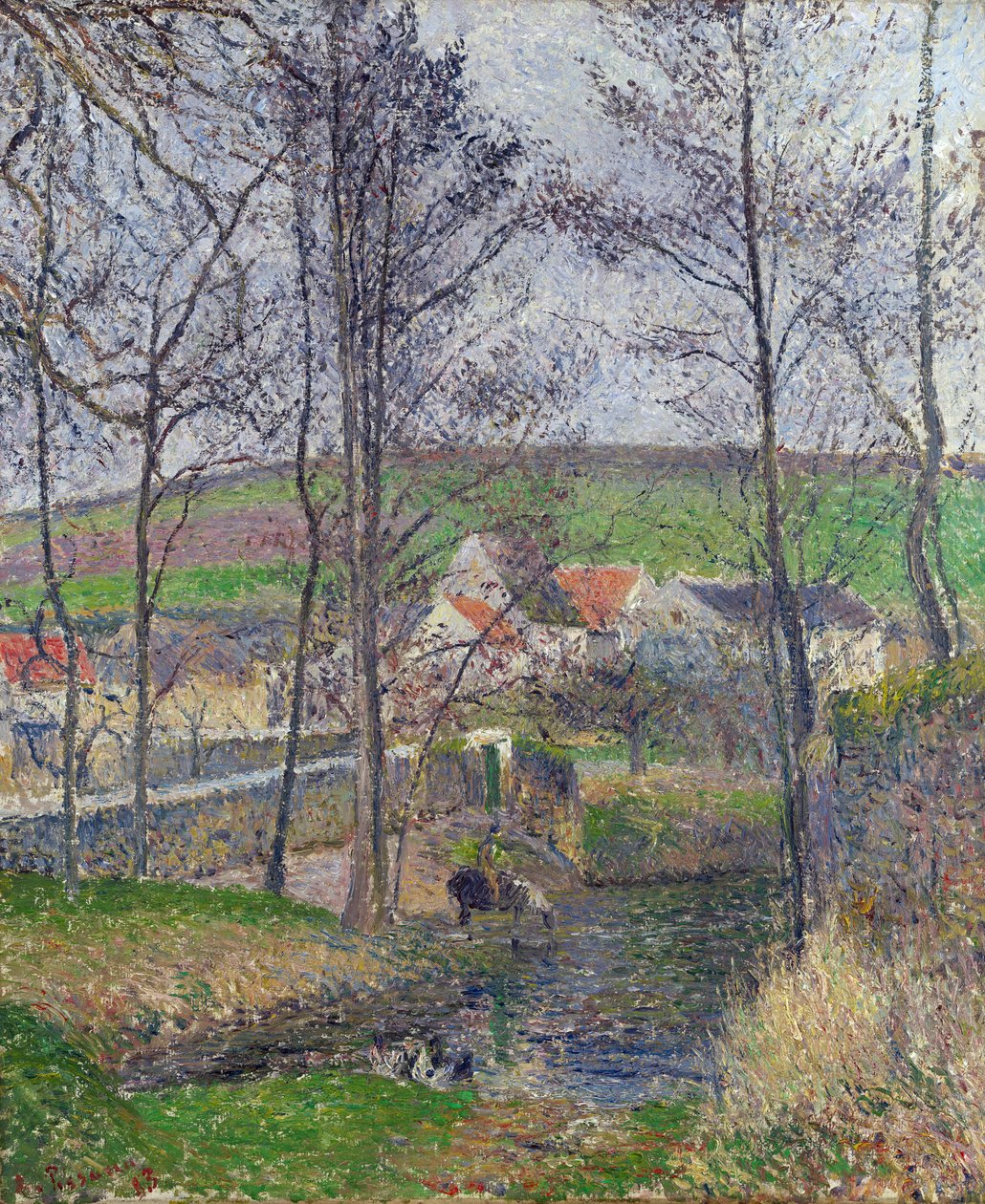 Banks of the Viosne at Osny, grått vær, vinter - Maleri av Camille Pissarro (1830-1903) Bredden av Viosne ved Osny i grått vær - Olje på lerret 1883 National Gallery of Victoria, Melbourne 65,3x54,5 av Camille Pissarro