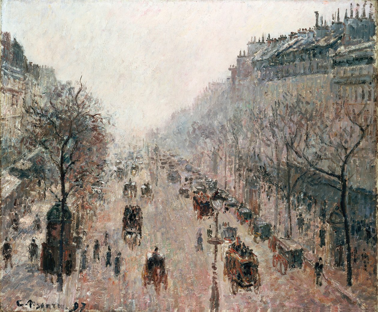 Boulevard Montmartre på en tåkete solrik morgen, 1897 av Camille Jacob Pissarro