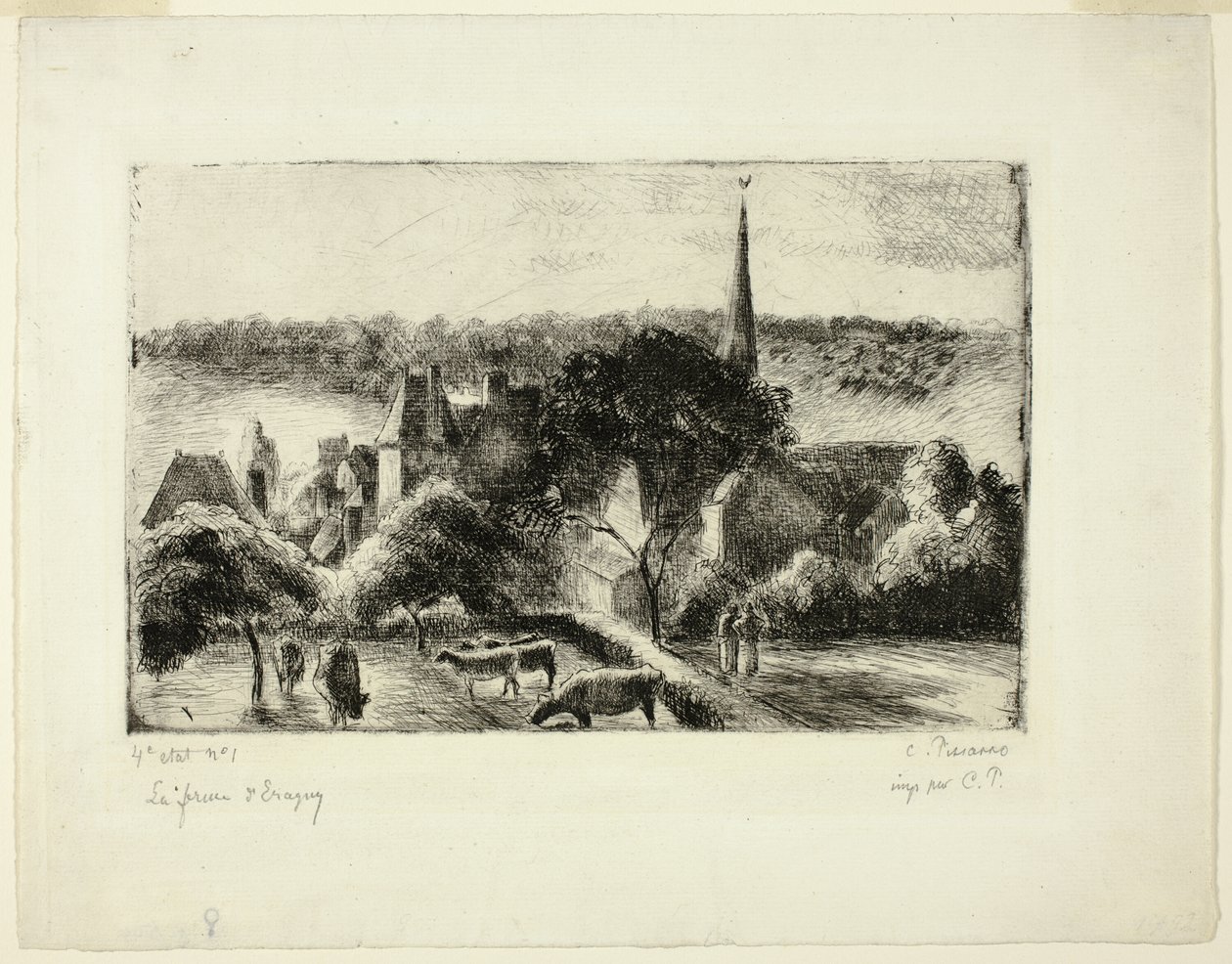 Kirke og gård i Éragny av Camille Pissarro