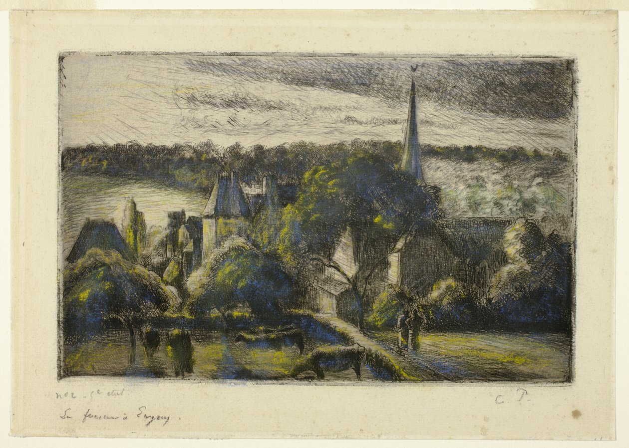 Kirke og gård i Éragny av Camille Pissarro
