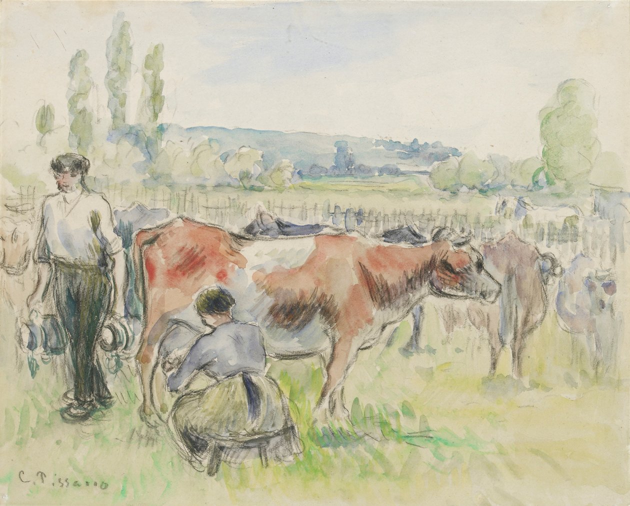 Komposisjonsstudie av en melkescene i Eragny-sur-Epte, 1884 av Camille Pissarro