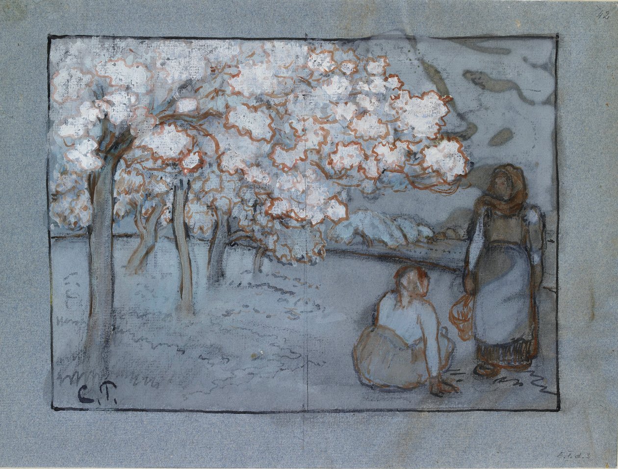 Komposisjonsstudie av to kvinnelige bønder som samtaler i en frukthage, c1894 av Camille Pissarro
