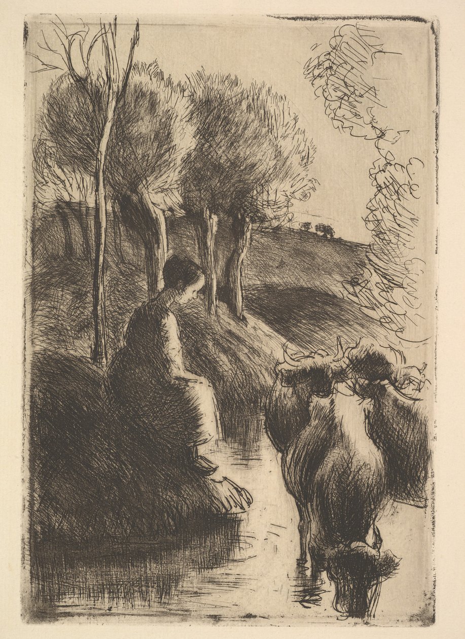 Cowherd, ved Waters Edge, 1890. av Camille Jacob Pissarro