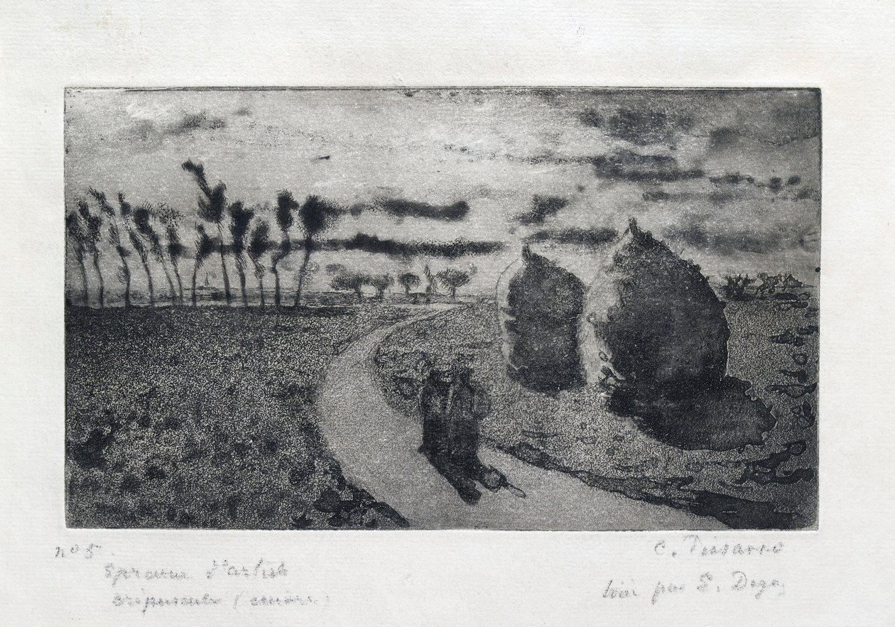 Twilight with Haystacks, 1879 av Camille Pissarro