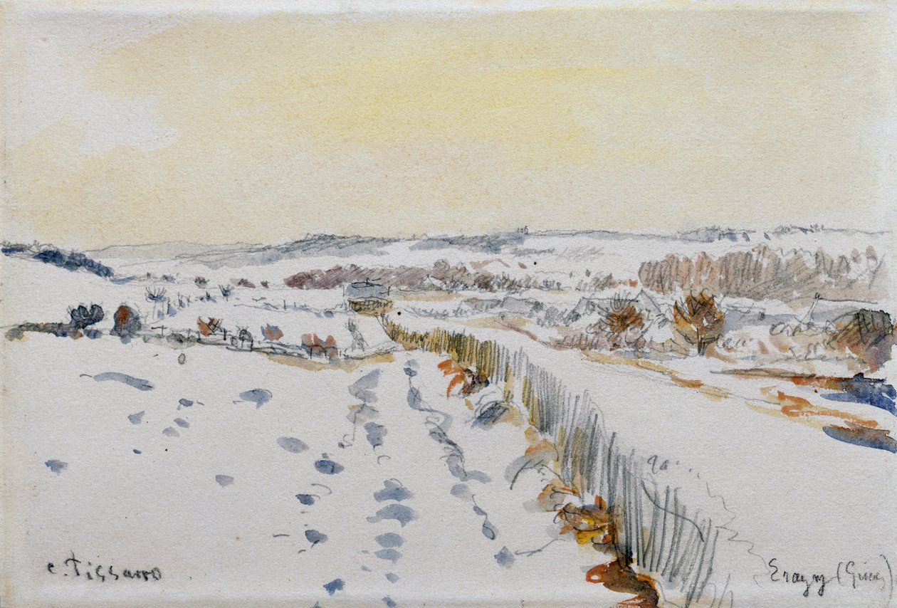 Eragny under snø av Camille Pissarro