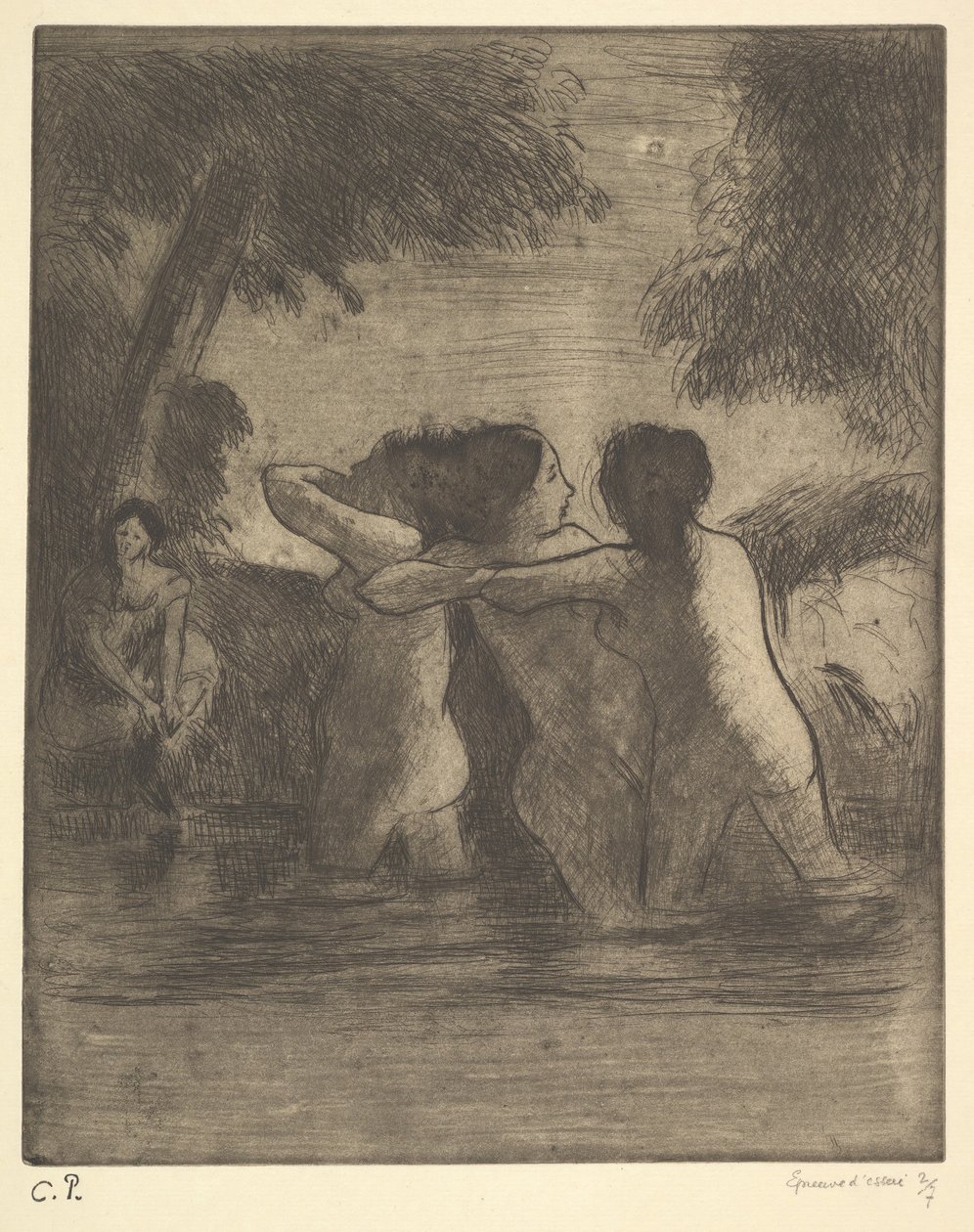 Fire badende, 1895. av Camille Jacob Pissarro
