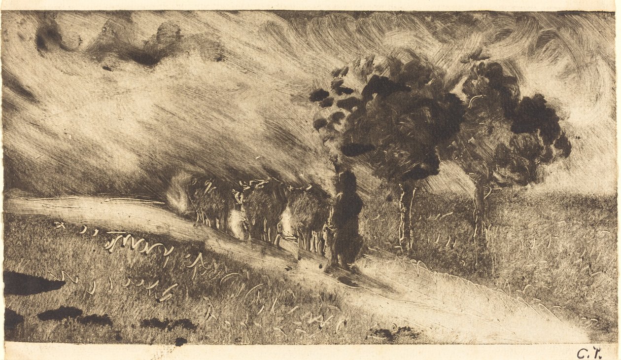 Gjeter kuene i skumringen av Camille Pissarro