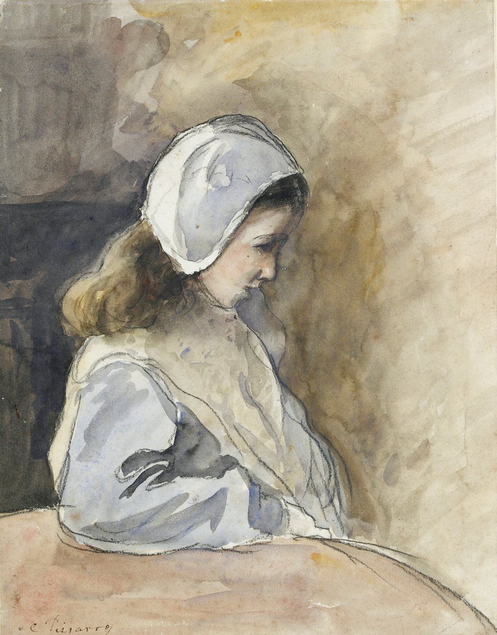 Jeanne-Rachel Pissarro sittende ved et bord, c1872 av Camille Pissarro