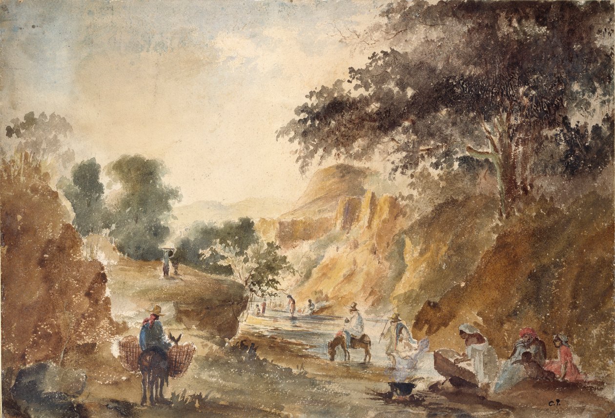 Landskap med figurer ved en elv, 1853-1854 av Camille Pissarro