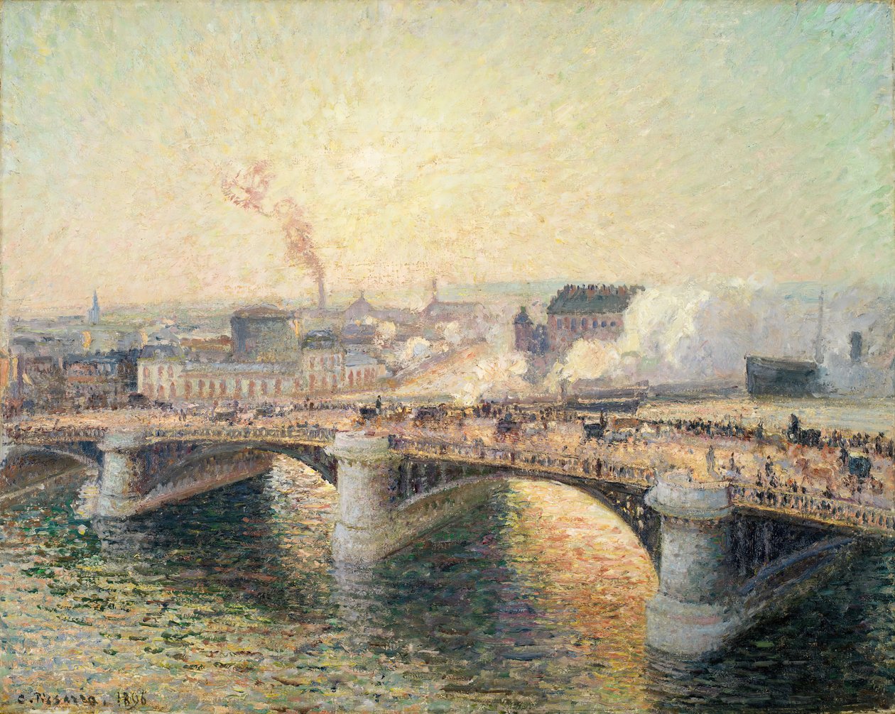 Le Pont Boieldieu, Rouen, Soleil Couchant [Pont Boieldieu ved solnedgang], 1896. av Camille Pissarro