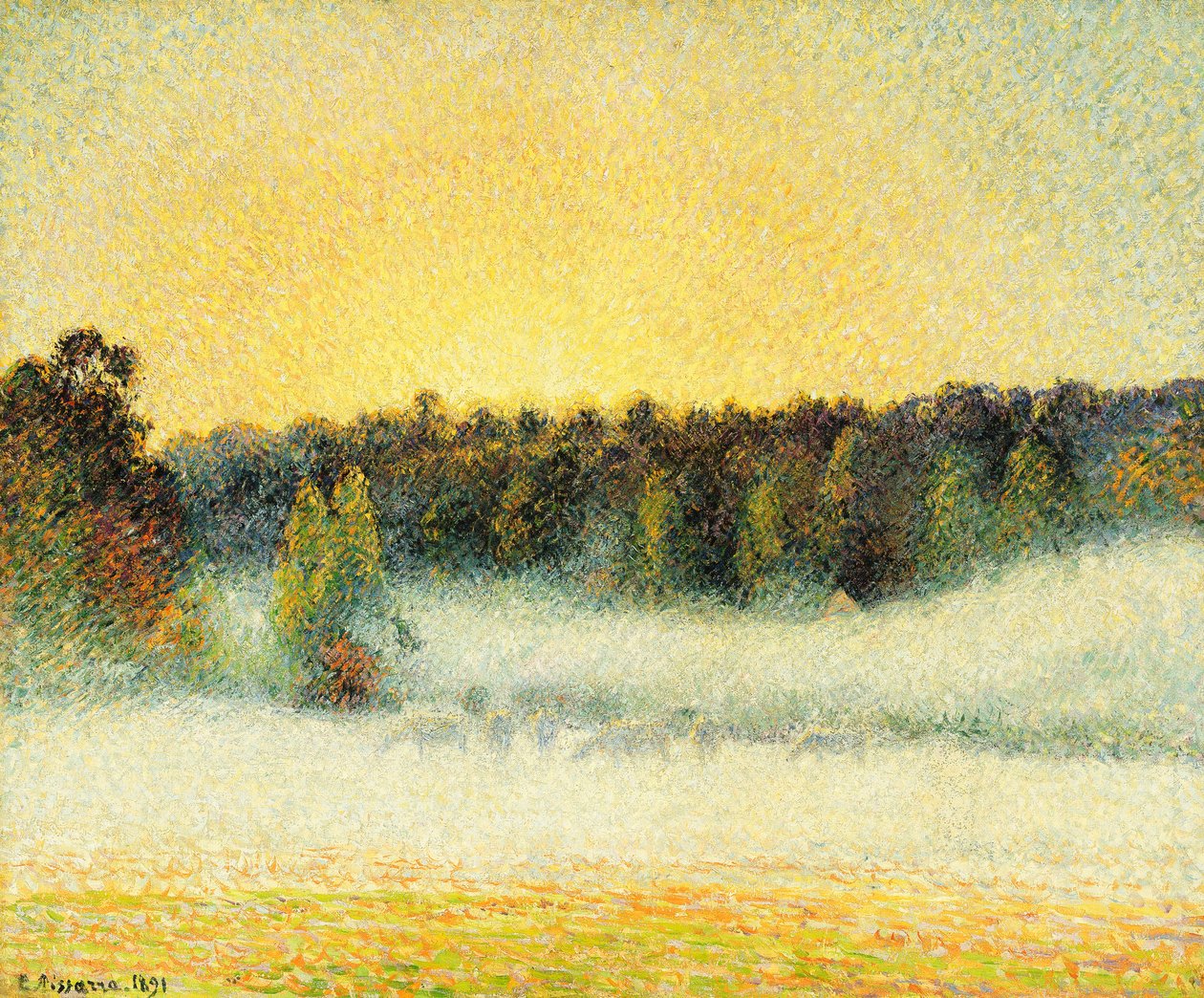 Tåket solnedgang ved Eragny av Camille Jacob Pissarro