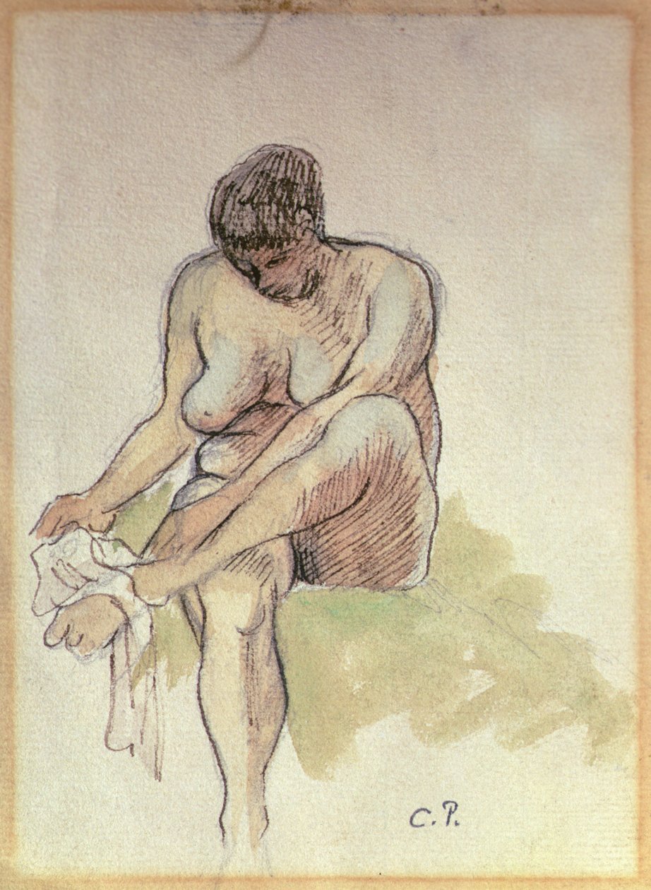 Naken kvinne tørker venstre fot (blyant, vask og penn og sepia-blekk på papir) av Camille Pissarro