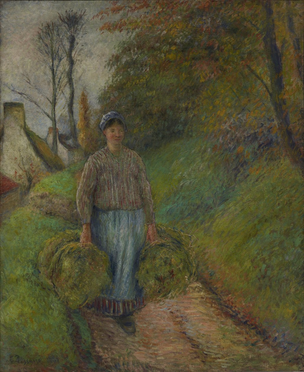 Bondekvinne som bærer to bunter med høy av Camille Pissarro