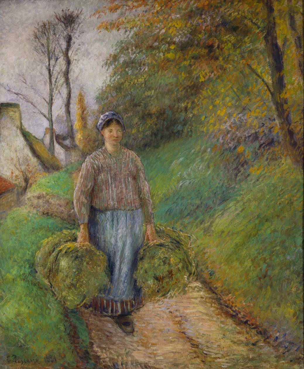 Bondekvinne som bærer to bunter med høy av Camille Jacob Pissarro