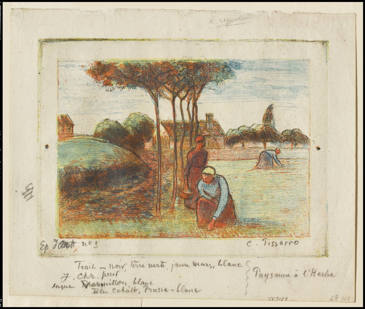 Bondekvinner som luker gresset, ca. 1894 (radering trykt i blått, rødt, gult og svart på kremfarget papir) av Camille Jacob Pissarro