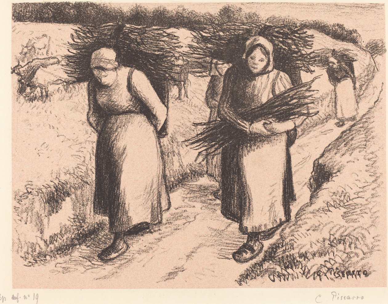 Bønder som bærer pinner av Camille Pissarro