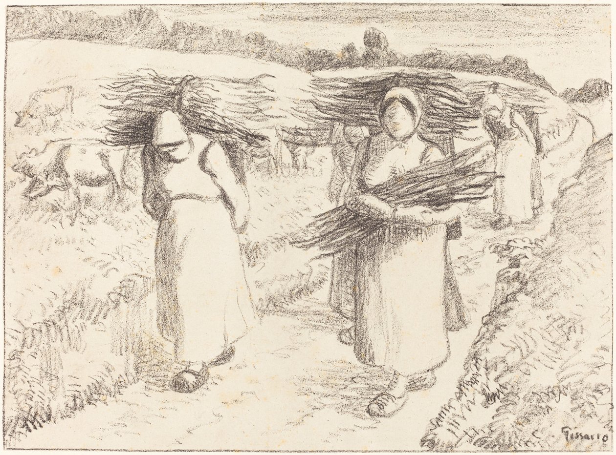 Bønder som bærer pinner av Camille Pissarro