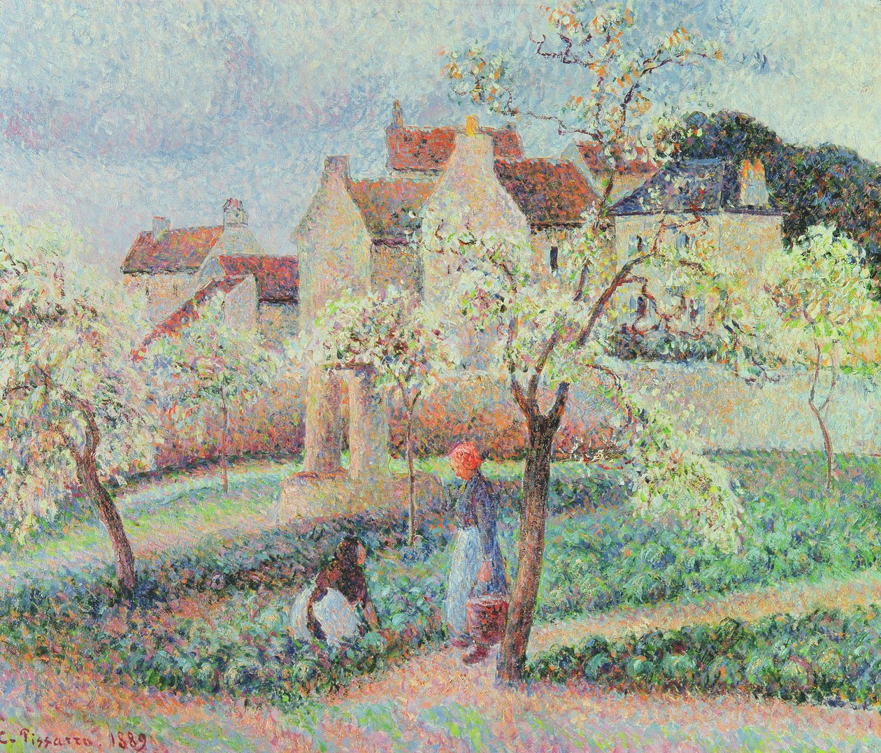 Plommetrær i blomst, 1889 av Camille Jacob Pissarro
