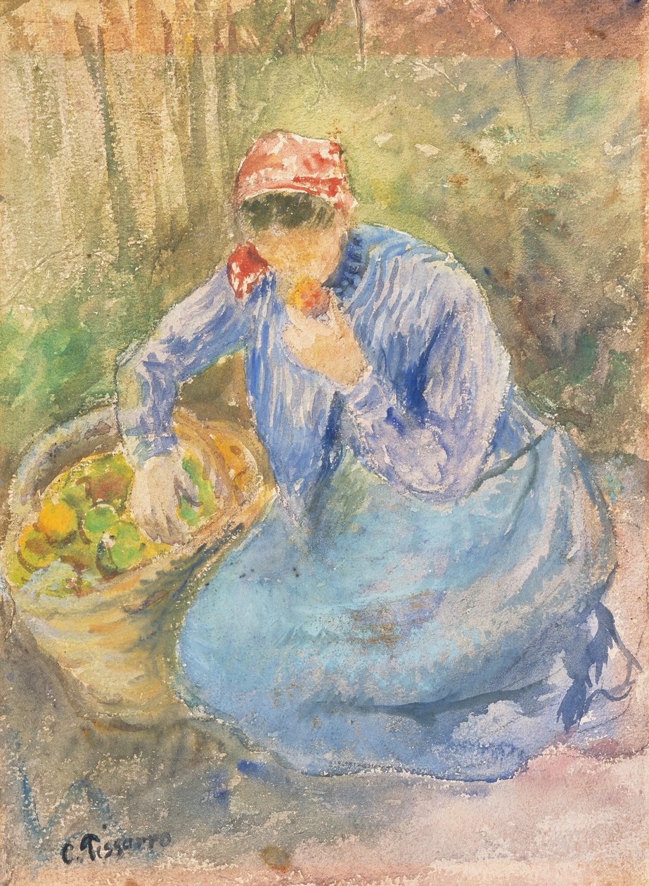 Sittende bondekvinne med en kurv med epler (akvarell) av Camille Pissarro