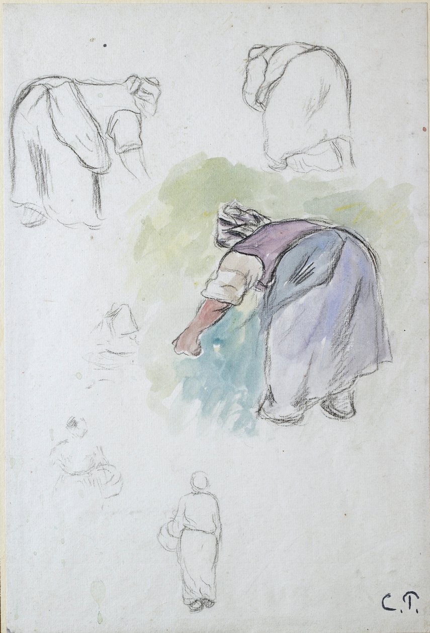 Studieark: fire studier av en kvinnelig bonde som bøyer seg, og to studier av en kvinne som holder en bas av Camille Pissarro