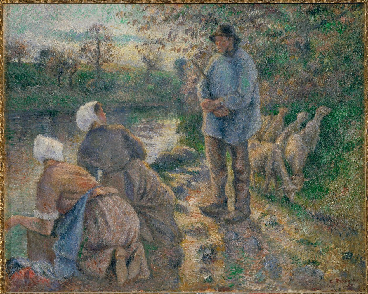 Gjeter og vaskekoner (maleri på lerret) av Camille Pissarro