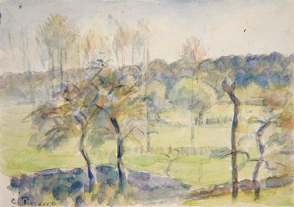 Vår (akvarell over svart kritt på papir) av Camille Pissarro