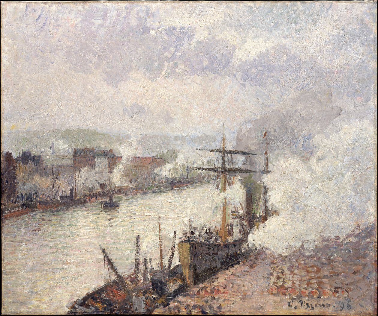 Dampbåter i havnen i Rouen av Camille Pissarro