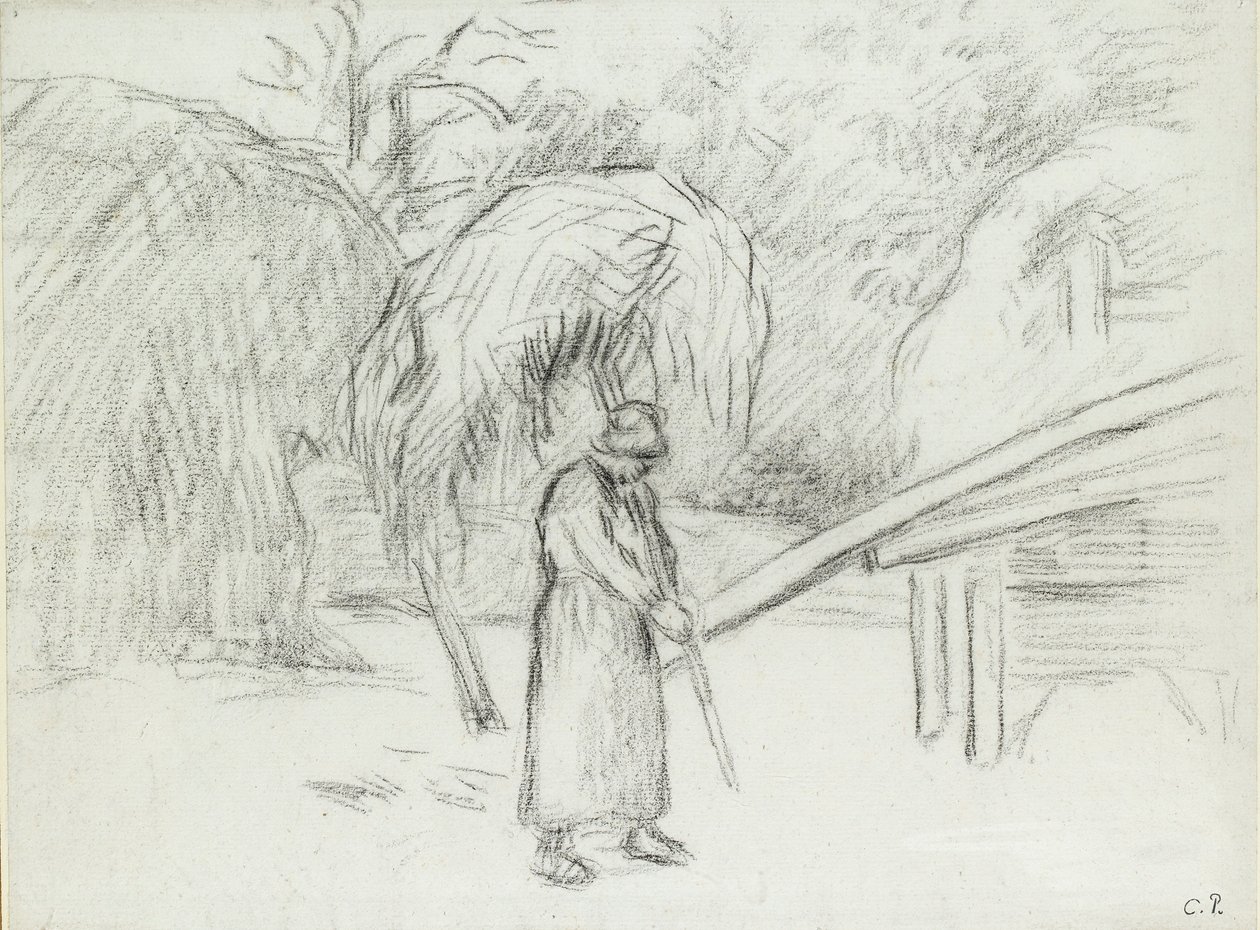 Studie av en kvinnelig bonde som bærer et lass med høy i gårdstunet ved Foucault, c1875 av Camille Pissarro