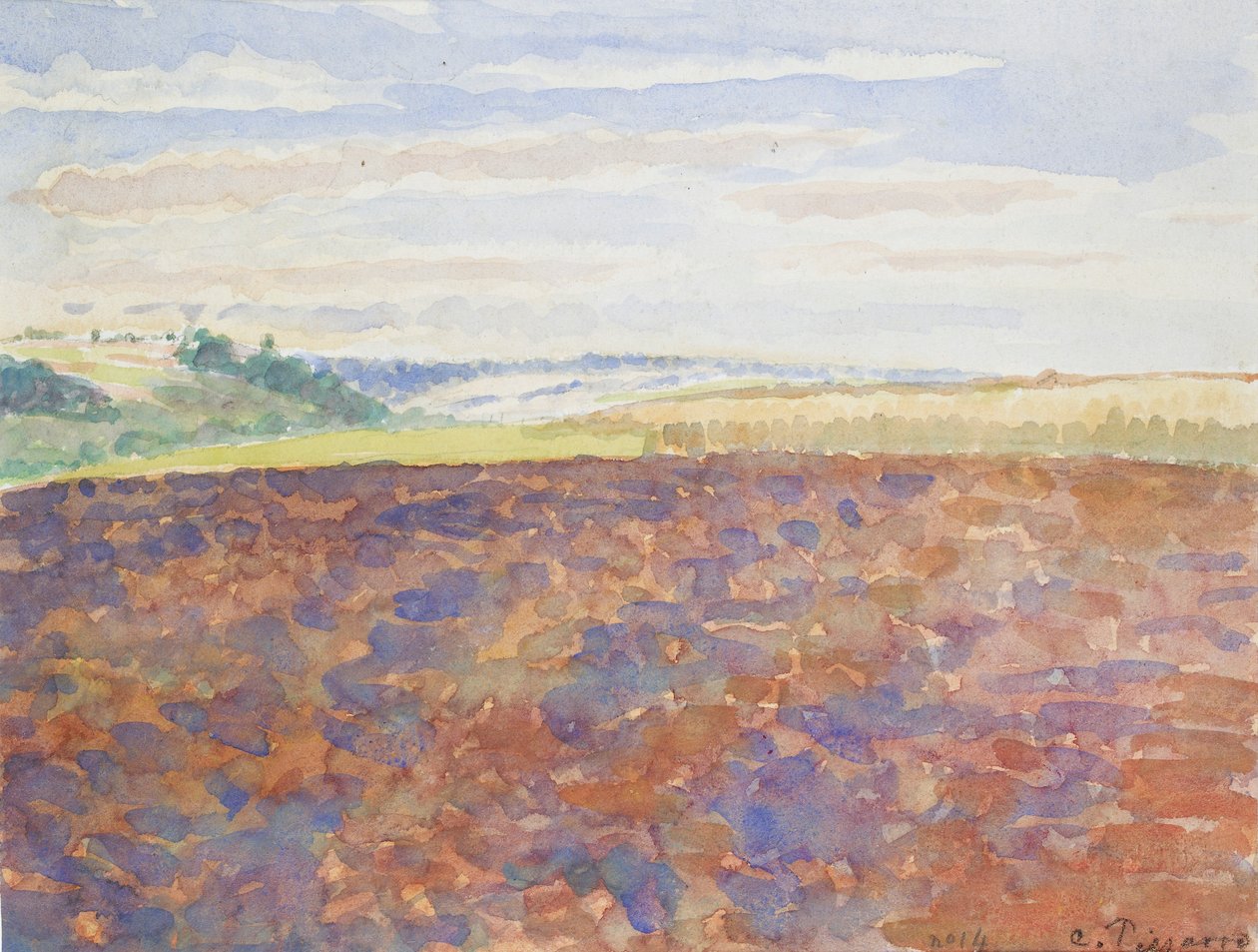 Studie av et landskap med en pløyd åker, Eragny-sur-Epte, c1886-1890 av Camille Pissarro