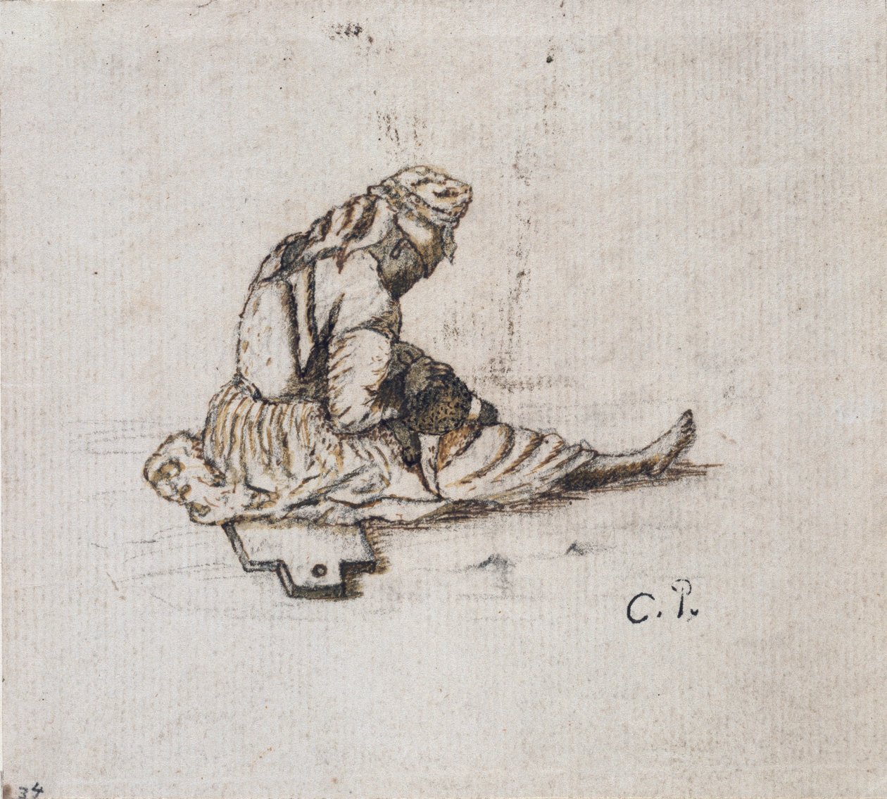 Studie av en sittende kvinnefigur som syr, 1852. av Camille Pissarro