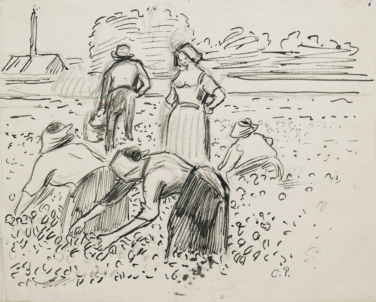 Studie av fem bondefigurer som arbeider i et felt, 1887 av Camille Pissarro