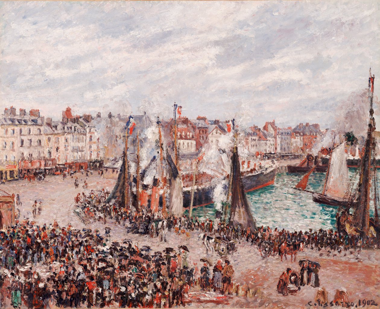 Fisketorget, Dieppe: Grått vær, morgen av Camille Pissarro