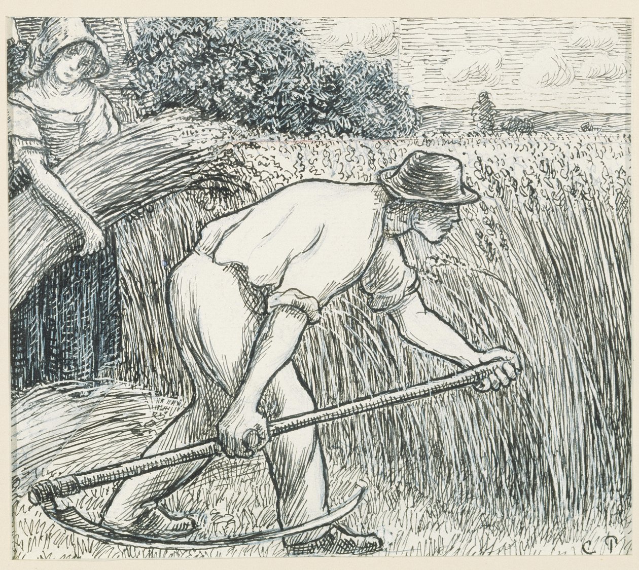 The Harvest, ca. 1895 (penn og blekk med blyhvit gouache på papir) av Camille Jacob Pissarro
